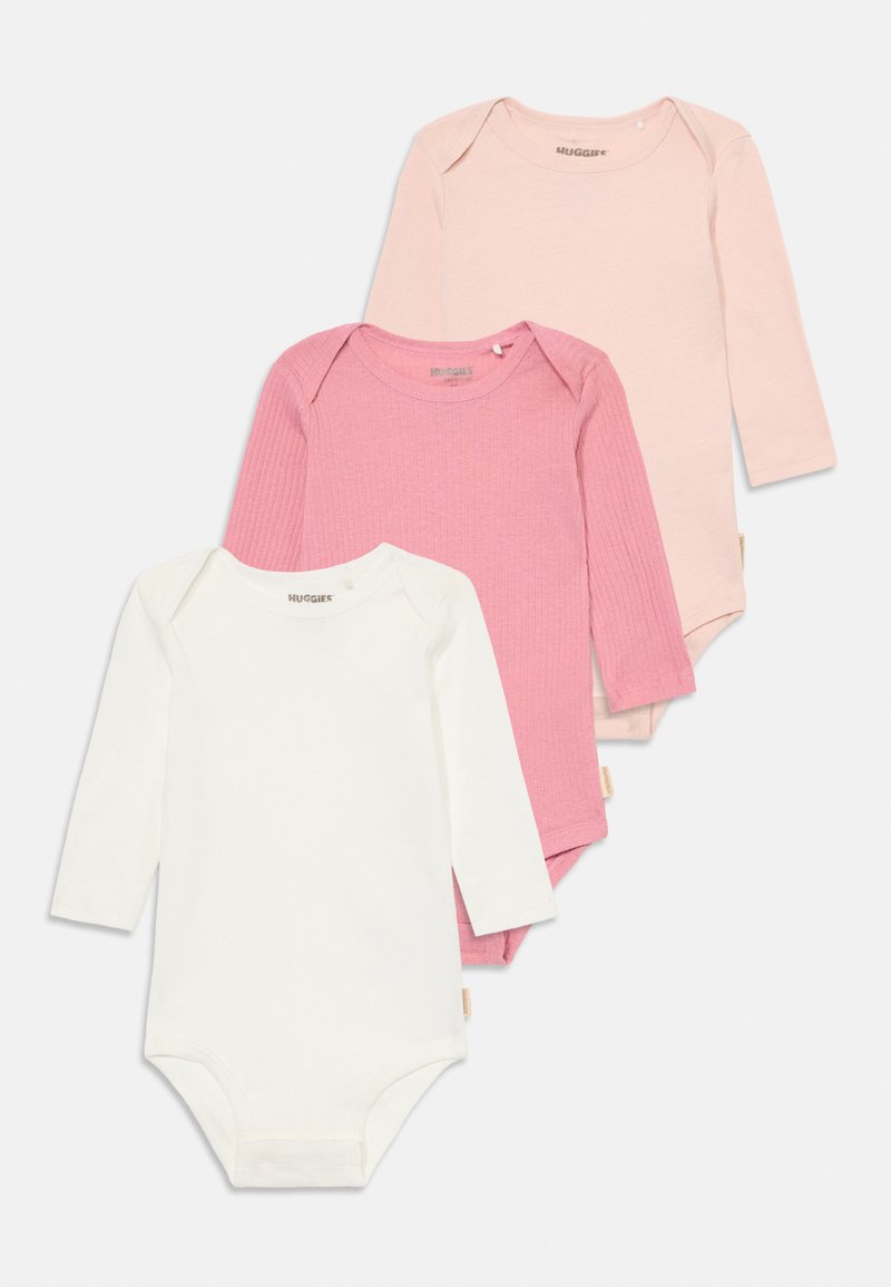 Três bodies de manga longa para bebé: branco, rosa e rosa claro. Tecido de algodão com textura canelada no body rosa. Fechos de pressão na parte inferior.