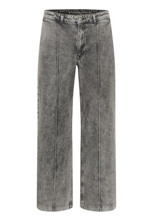 Šedé široké džíny vyrobené z denimu s vybledlým vzhledem. Obsahují kontrastní švy a zapínání na knoflík v pase.