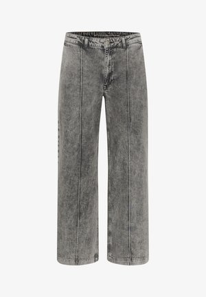 Jeans a gamba larga grigi con finitura sbiadita in denim. Presentano cuciture a contrasto e una chiusura a bottone in vita.