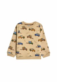 Felpa beige a maniche lunghe con stampa a tutto campo di camion colorati e animali. Tessuto in cotone morbido con scollatura a girocollo e dettaglio con bottoni.