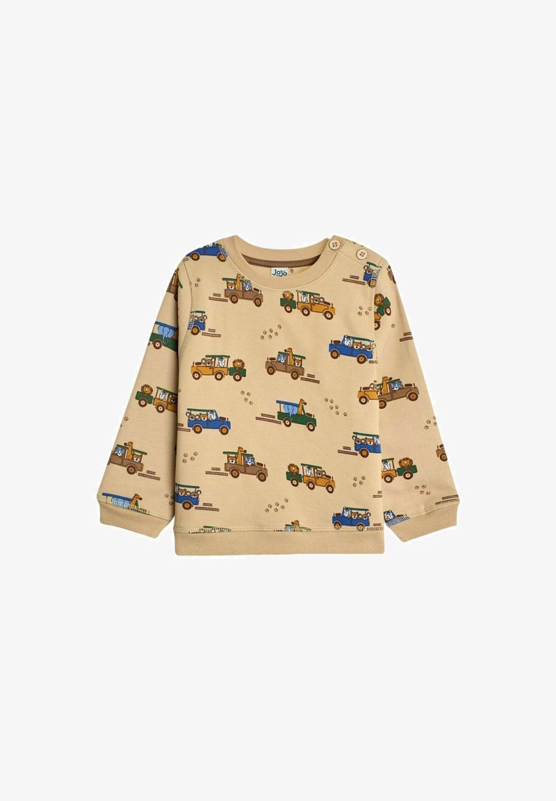 Felpa beige a maniche lunghe con stampa a tutto campo di camion colorati e animali. Tessuto in cotone morbido con scollatura a girocollo e dettaglio con bottoni.