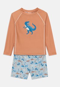 Two-piece swim set featuring an orange long-sleeve shirt with a blue dinosaur graphic and blue shorts with a multi-colored dinosaur pattern.