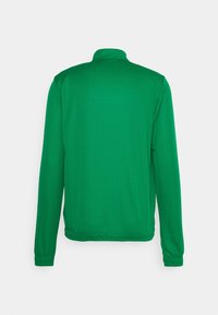 Giacca verde a maniche lunghe con colletto alto, dalla texture morbida e polsini ed orlo elasticizzati. Tessuto liscio senza chiusure o motivi visibili.