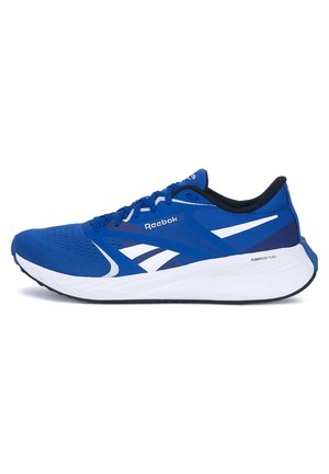 Blauer Reebok-Laufschuh mit weißen Akzenten, schwarzer Innenausstattung und dicker weißer Sohle mit der Aufschrift "Floatride Fuel" vor weißem Hintergrund.