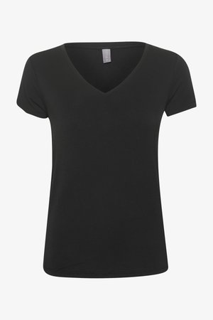 Black V-neck t-shirt with short sleeves, made of soft fabric. The design features a smooth texture and a relaxed fit at the hem.