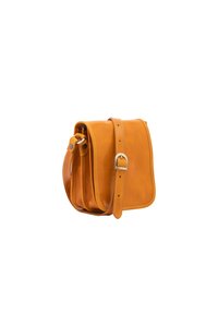 Borsa a tracolla in pelle di un vivace arancione, con una texture liscia, tracolla regolabile e fibbia in metallo argentato. Forma rettangolare compatta.