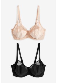 Deux soutiens-gorge : l'un en satin nude avec des panneaux transparents et un soutien-gorge à armature, l'autre en satin noir avec des accents en maille et des bretelles réglables.