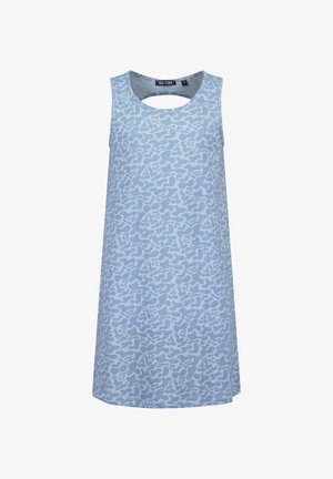 Robe sans manches en coton bleu clair avec motif abstrait. Présente une découpe goutte d'eau dans le dos. Silhouette simple en A.