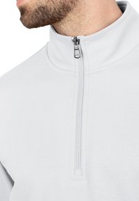 Pullover gris clair avec un col montant et une fermeture éclair mi-longue. Tissu doux et texturé avec un minimum de détails de couture autour du cou.