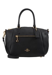 Borsa a mano in pelle nera con finitura testurizzata, hardware dorato, manici superiori e tracolla rimovibile. Presenta una tasca frontale con zip.