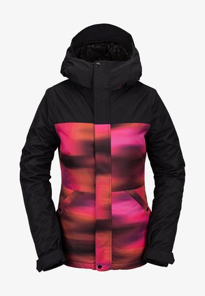 Wasserdichte Jacke mit einem schwarzen oberen Bereich und einem unteren Abschnitt mit einem pinken und orangefarbenen Farbverlaufsmuster. Zwei Fronttaschen sind enthalten.