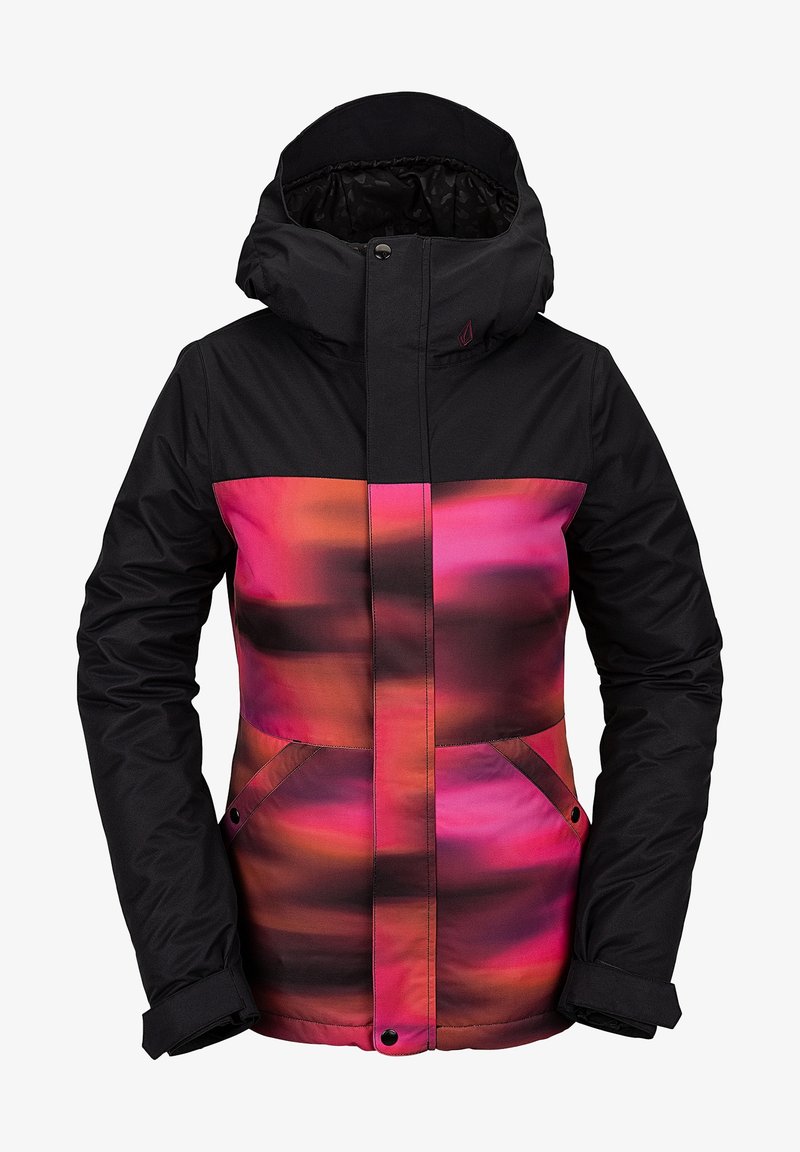 Waterproof jacket featuring a black upper section and a lower section with a pink and orange gradient pattern. Two front pockets included.