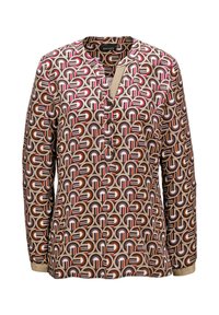 Langarmbluse mit geometrischem Muster in Braun, Pink und Creme. Sie verfügt über einen runden Halsausschnitt, Knopfverschlüsse und eine glatte Stofftextur.
