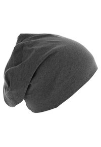 Căciulă gri dintr-un material moale, cu un design lejer, textură uniformă și o siluetă curbată în partea de sus și în spate.