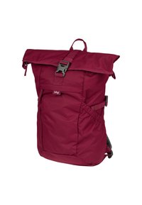 Zaino bordeaux con design a soffietto, dotato di tasca frontale, cinghie laterali regolabili e una chiusura robusta con fibbia. Tessuto dalla superficie liscia.