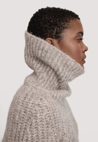 Hellgrauer Strickpullover mit hohem, geripptem Rollkragen. Weicher, strukturierter Stoff, mit lockerem Schnitt und gemütlichem Erscheinungsbild.