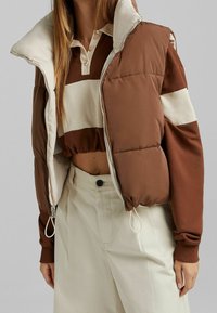 Gilet imbottito marrone con colletto alto, zip frontale e dettagli bianchi. Indossato sopra una maglietta a righe marrone e crema; abbinato a pantaloni di colore chiaro.