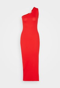 Robe midi rouge, une épaule, ajustée, avec une texture lisse et sans fermetures visibles. Design simple et minimaliste mettant en valeur la silhouette.