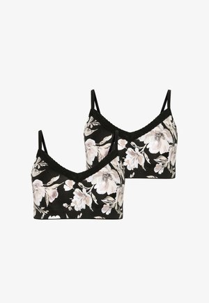 Conjunto de bralette floral negro con escote en V, tirantes ajustables y ribete de encaje. Presenta grandes patrones de flores blancas y rosas sobre un fondo oscuro.