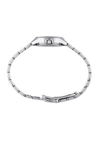 Sølv rustfrit stål ur med et rundt urkasse, ledarmbånd og poleret finish. Har en spænde og et indgraveret logo på siden.