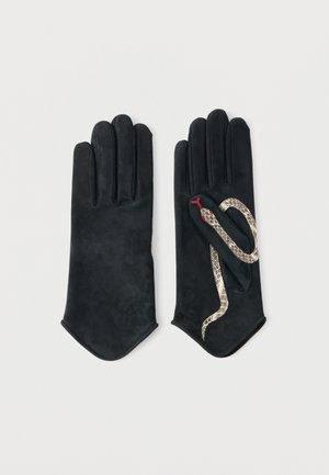 Black suede gloves featuring a snake design in silver and red, with a sleek fit and pointed tips, emphasizing texture and unique detailing.