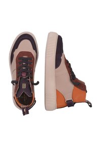 High-top sneakers featuring a mix of tan, purple, brown, and orange materials. Textured rubber sole with laces and a loop for easy wear.