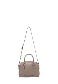 Borsa a mano in pelle grigia con due manici corti e una tracolla rimovibile, caratterizzata da una texture liscia e bordi leggermente arrotondati.
