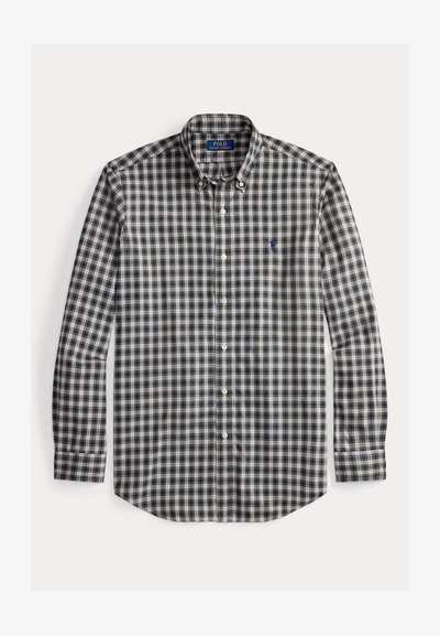 Košulja dugih rukava s plavim, bijelim i crnim kariranim uzorkom, s kragnom na dugmad i logotipom Polo Ralph Lauren na prsima.
