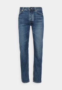 Jeans de mezclilla azul oscuro con un diseño de pierna recta, que cuentan con un estilo clásico de cinco bolsillos, cierre con botón en la parte superior y detalles de desvanecimiento sutil.