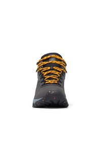 Scarpa da trekking grigia con dettagli neri, tomaia testurizzata e lacci arancioni brillanti. Presenta una suola robusta con paillettes multicolori e un design che offre supporto.