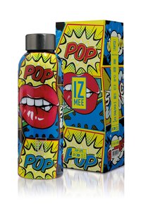 Boca za vodu od nehrđajućeg čelika s pop art dizajnom; sadrži jarke boje, grafiku lijepih usana i tekst u strip-stilu na cilindričnom obliku.