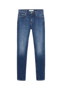 Jeans de mezclilla azul con un ajuste slim, diseño de cinco bolsillos y un ligero desvanecimiento. Fabricados con un tejido suave y duradero de textura lisa.