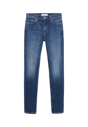 Jeans de mezclilla azul con un ajuste slim, diseño de cinco bolsillos y un ligero desvanecimiento. Fabricados con un tejido suave y duradero de textura lisa.