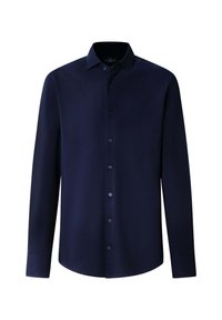 Marineblauwe blouse met lange mouwen en knoopsluiting, voorzien van een klassieke kraag, gemaakt van soepele stof, met subtiele tonale knopen en een gebogen zoomdesign.