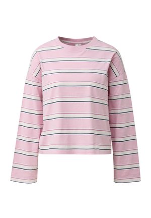 Roze shirt met lange mouwen, witte, zwarte en beige horizontale strepen, een ronde halslijn en een losse pasvorm.