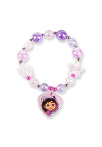 Bracelet en perles comprenant des perles en plastique violettes, roses et transparentes, avec des accents en forme d'étoile et un charm en forme de cœur affichant une illustration de personnage.