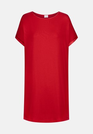 Rotes kurzärmliges T-Shirt aus leichtem Stoff, mit rundem Ausschnitt und einem entspannten, lockeren Schnitt sowie geradem Saum.