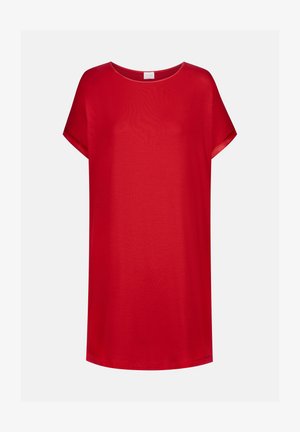 Rotes kurzärmliges T-Shirt aus leichtem Stoff, mit rundem Ausschnitt und einem entspannten, lockeren Schnitt sowie geradem Saum.