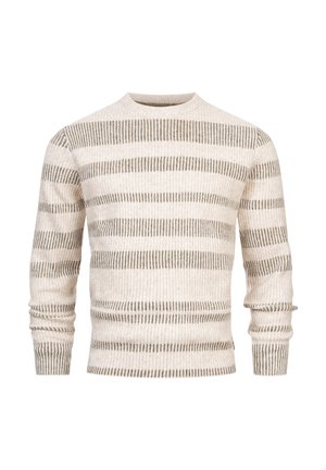 Gestreifter Pullover aus weichem Creme- und Graugarn. Verfügt über einen Rundhalsausschnitt, lange Ärmel und ein Muster aus abwechselnden Streifen über den Körper.