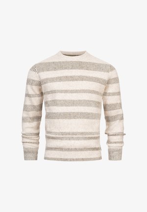 Sweter w paski w miękkim kremowym i szarym dzianinie. Posiada okrągły dekolt, długie rękawy oraz wzorzyste naprzemienne paski na całej powierzchni.