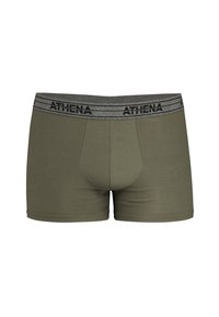Boxers vert olive avec une taille grise portant le texte noir "ATHENA". Matière douce et extensible avec un design ajusté et un compartiment en forme de contour.