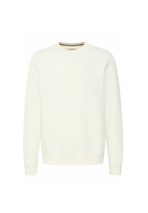 Vit sweatshirt med rund halsringning och långa ärmar, tillverkad av mjukt bomullsblandat material. Har ribbade mudd och nederkant, vilket ger en avslappnad passform.