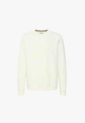 Fehér, hosszú ujjú, kerek nyakú pulóver, puha pamut keverékből készült. Rücskös mandzsettákkal és aljjal rendelkezik, kényelmes fazont biztosít.