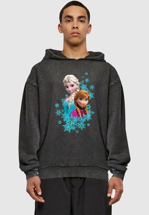 Dark gray hoodie featuring an illustration of Elsa and Anna from Frozen, surrounded by turquoise snowflakes. Soft, relaxed fit design.