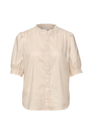 Kortærmet bluse med knapper foran, flæsekant, puffede skuldre og elastiske manchetter.