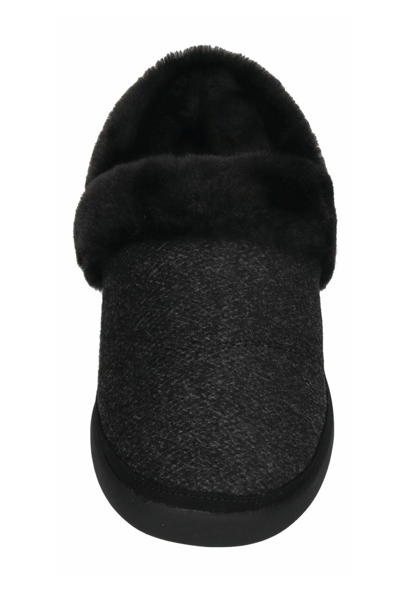 Schwarzer Hausschuh mit strukturiertem Außenmaterial, weichem Bündchen, runder Form und flacher Sohle. Das Obermaterial ist weich und mit einem gemütlichen Innenfutter versehen.