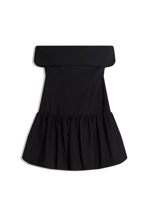 Zwarte off-shoulder jurk met een nauwsluitend lijfje, uitgeslagen gerimpelde zoom en gladde stof. Eenvoudige, moderne silhouet.