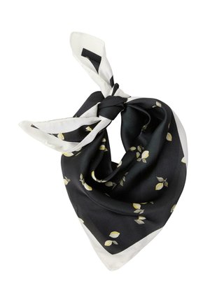 Musta silkkihuivi, jossa on pieniä keltaisia sitruunakuoseja, valkoinen reunus ja solmu sidottuna yhteen nurkkaan.
