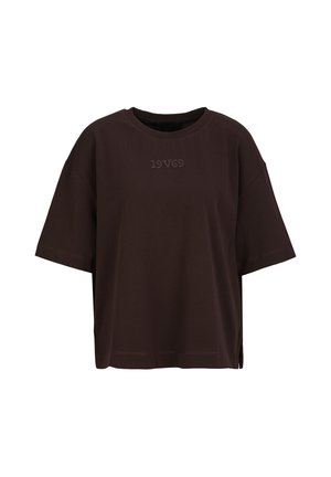 Dunkelbraunes oversized T-Shirt mit kurzen Ärmeln, rundem Ausschnitt und kleinem, geprägtem "19V69" Logo mittig auf der Brust.