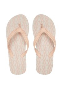 Infradito rosa con suola bianca e motivo testurizzato. Le cinghie sono di un rosa uniforme con un marchio in rilievo.